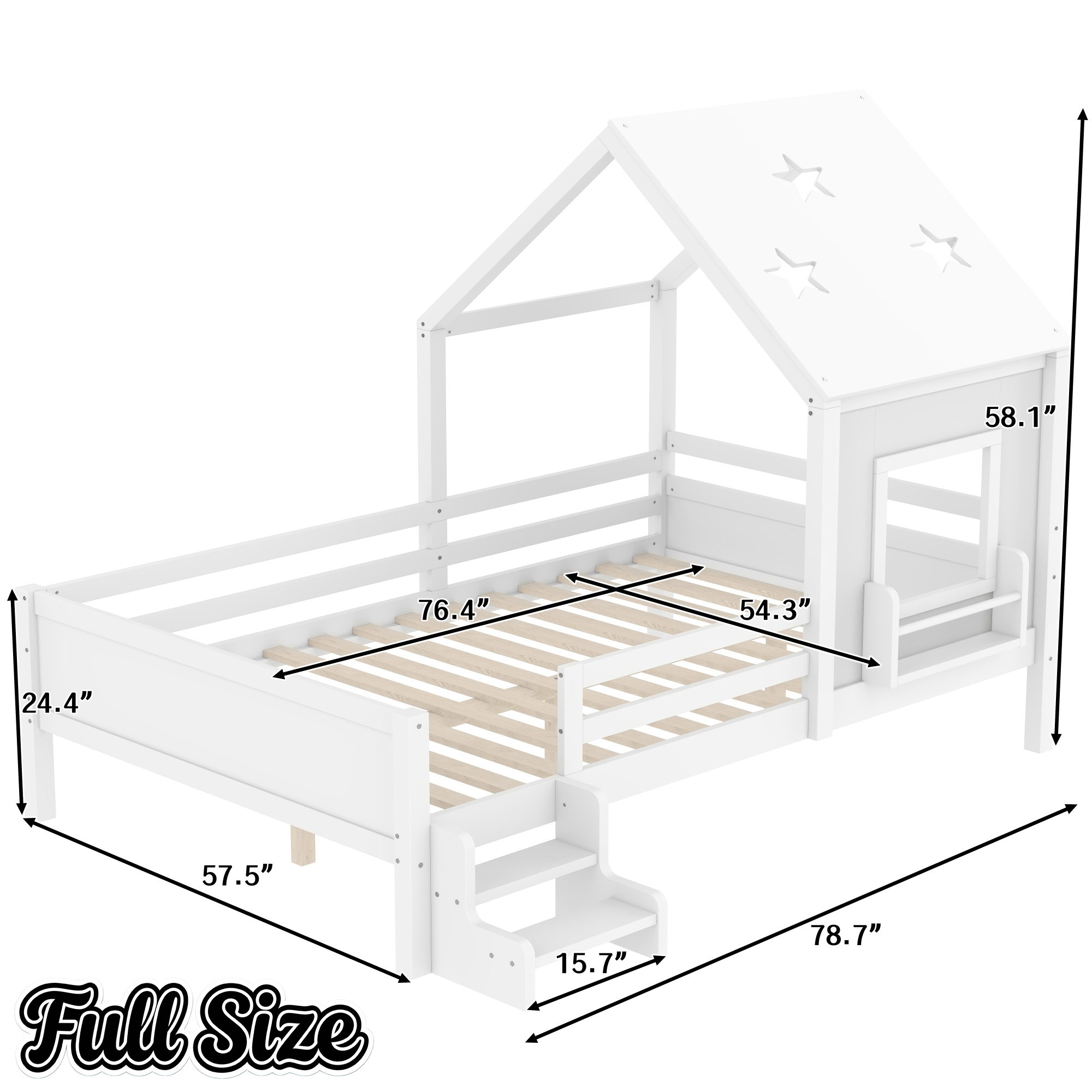 Bellemave® Twin Size House Beds with Stairs, Bookshelf and Blackboard, Kids Twin Platform Bed Frame with Fences and Star - Shape Roof, Grey - Bellemave