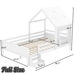 Bellemave® Twin Size House Beds with Stairs, Bookshelf and Blackboard, Kids Twin Platform Bed Frame with Fences and Star - Shape Roof, Grey - Bellemave