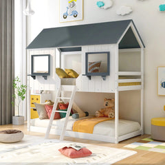 Bellemave® Twin Size House Bunk Bed with Roof and Window, Guardrail and Ladder - Bellemave