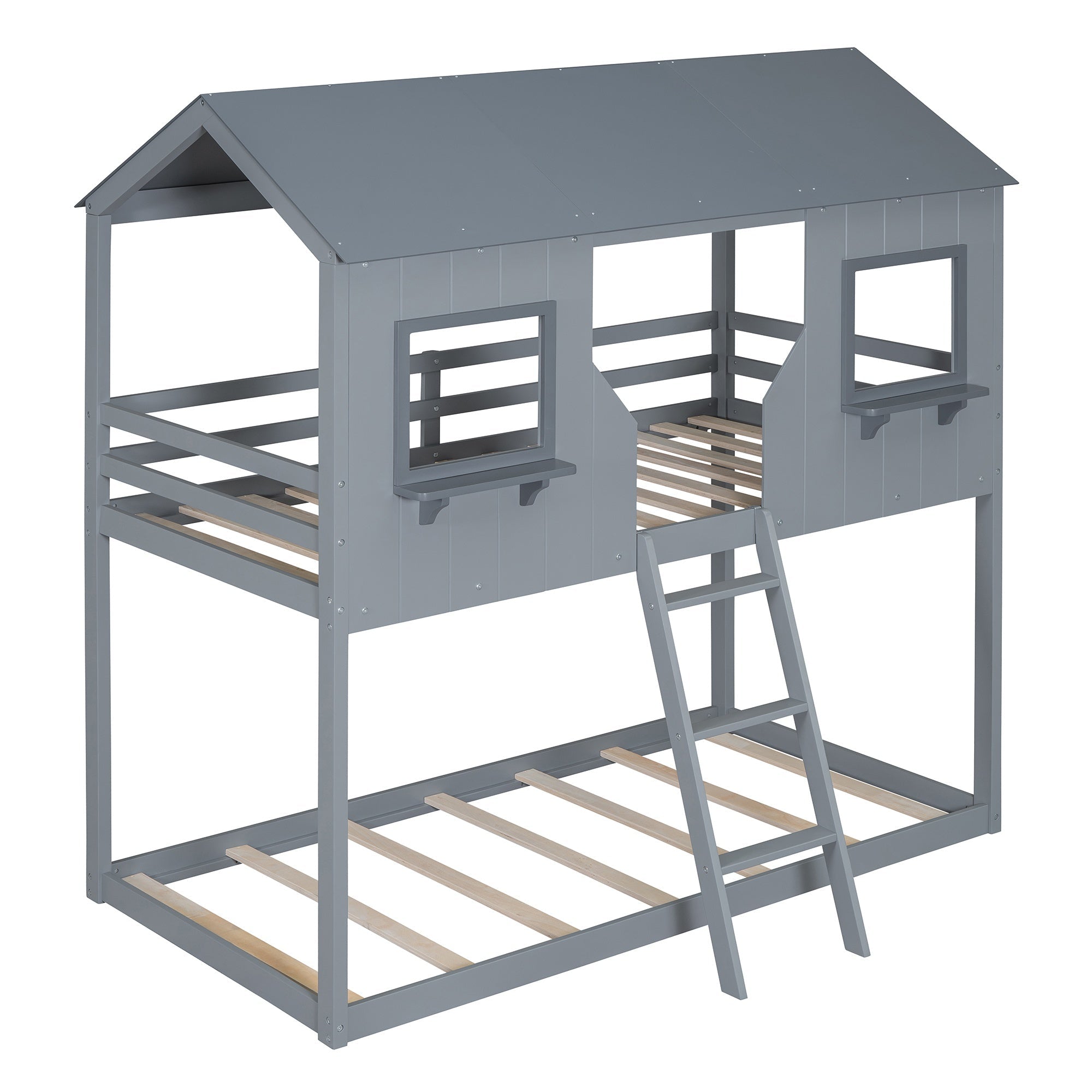 Bellemave® Twin Size House Bunk Bed with Roof and Window, Guardrail and Ladder - Bellemave