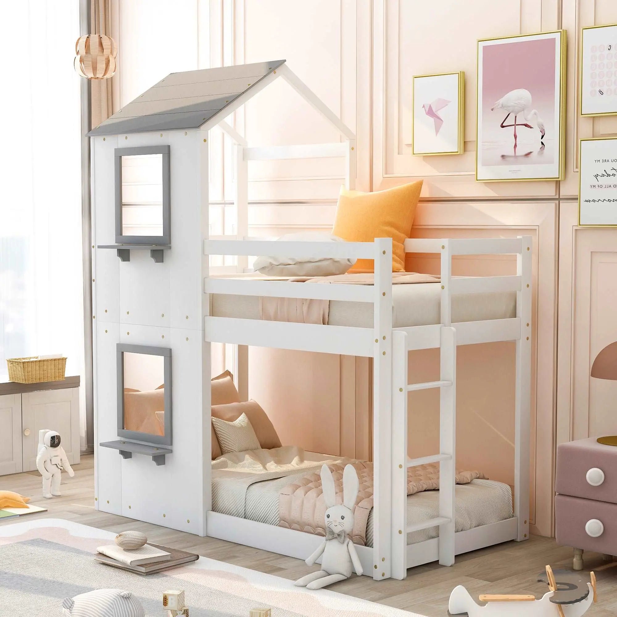 Bellemave® Twin Size House Bunk Bed with Roof and Window, Guardrail and Ladder - Bellemave