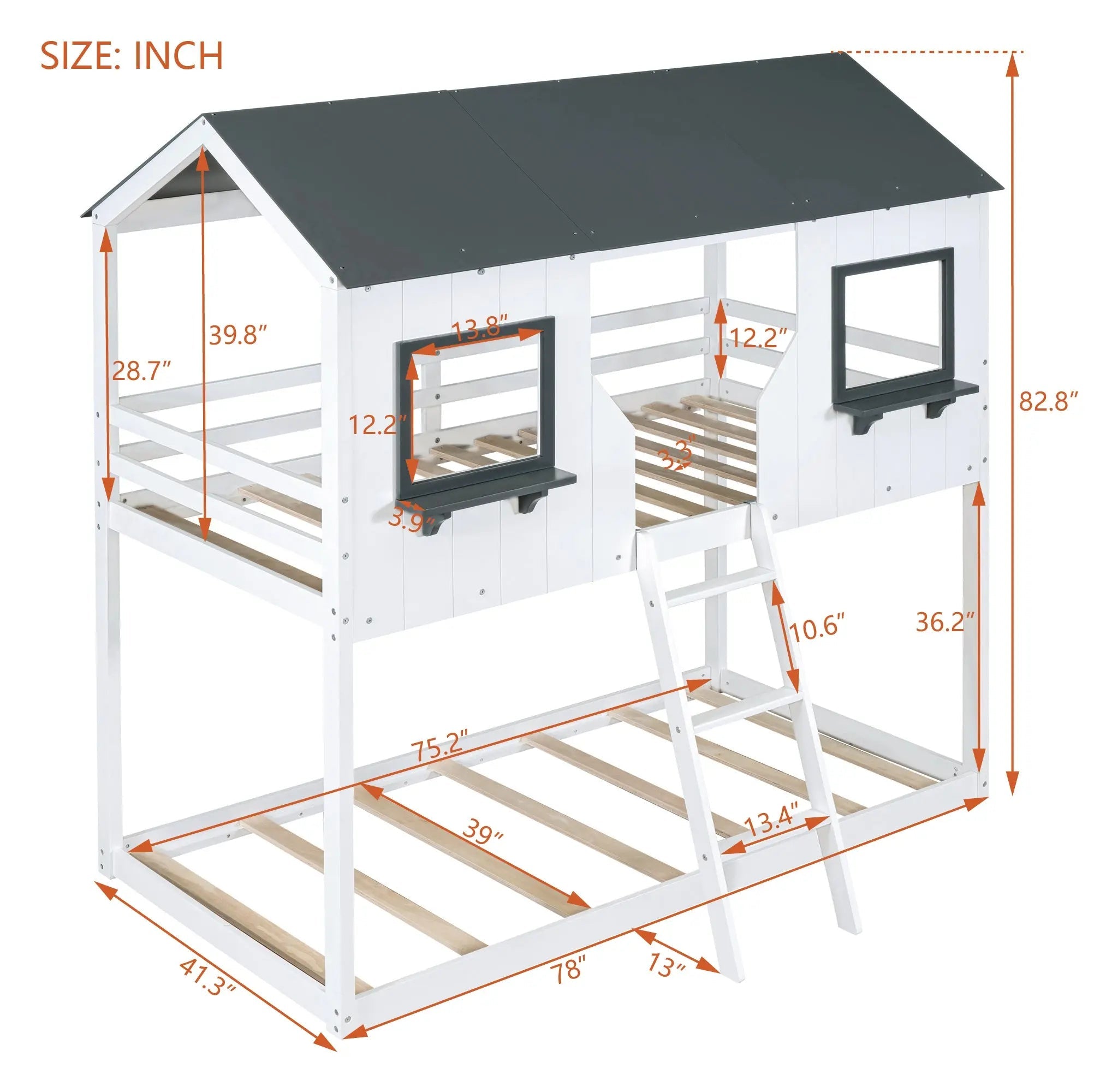 Bellemave® Twin Size House Bunk Bed with Roof and Window, Guardrail and Ladder - Bellemave
