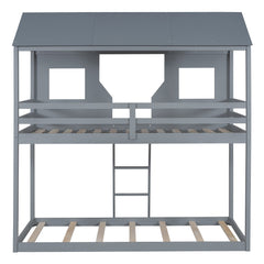 Bellemave® Twin Size House Bunk Bed with Roof and Window, Guardrail and Ladder - Bellemave