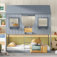 Bellemave® Twin Size House Bunk Bed with Roof and Window, Guardrail and Ladder - Bellemave
