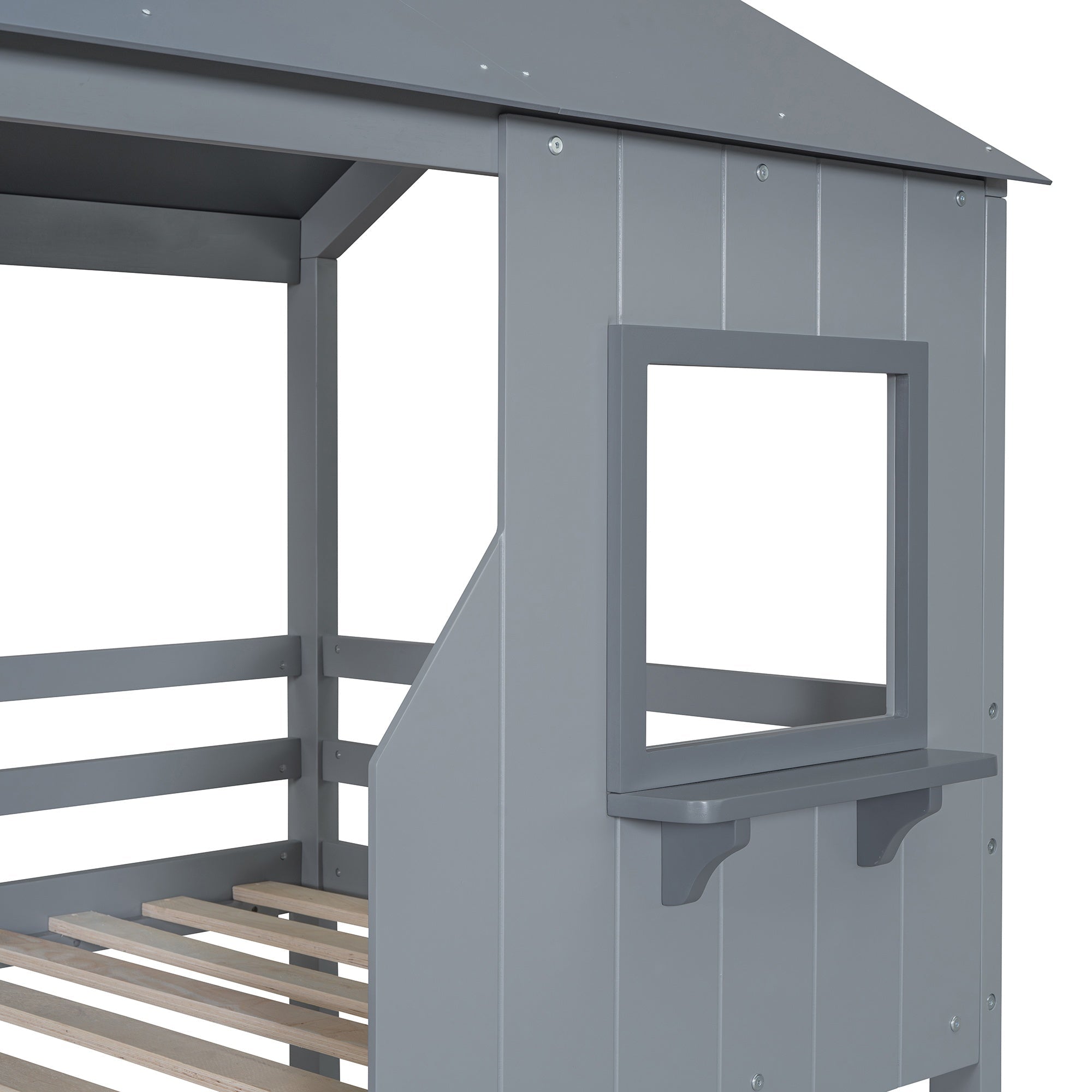 Bellemave® Twin Size House Bunk Bed with Roof and Window, Guardrail and Ladder - Bellemave