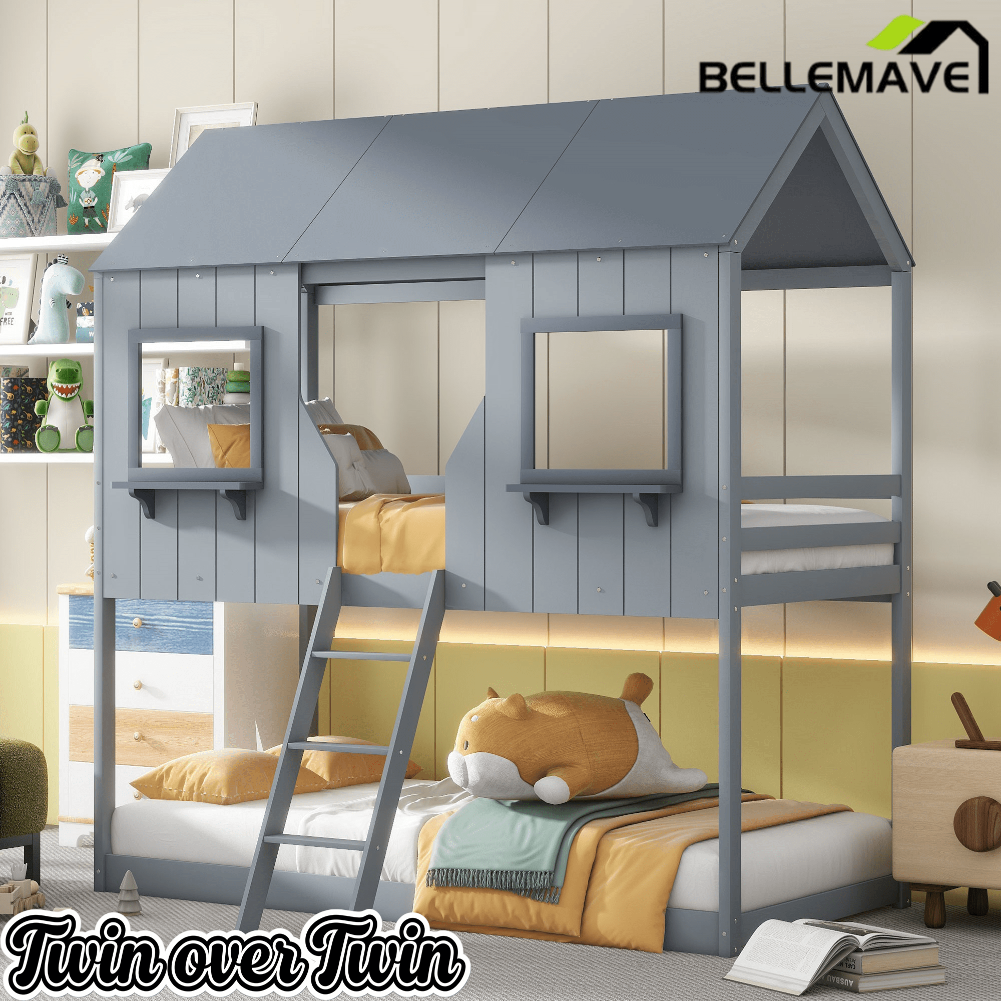 Bellemave® Twin Size House Bunk Bed with Roof and Window, Guardrail and Ladder - Bellemave