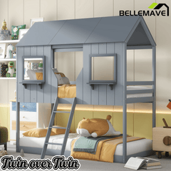 Bellemave® Twin Size House Bunk Bed with Roof and Window, Guardrail and Ladder - Bellemave