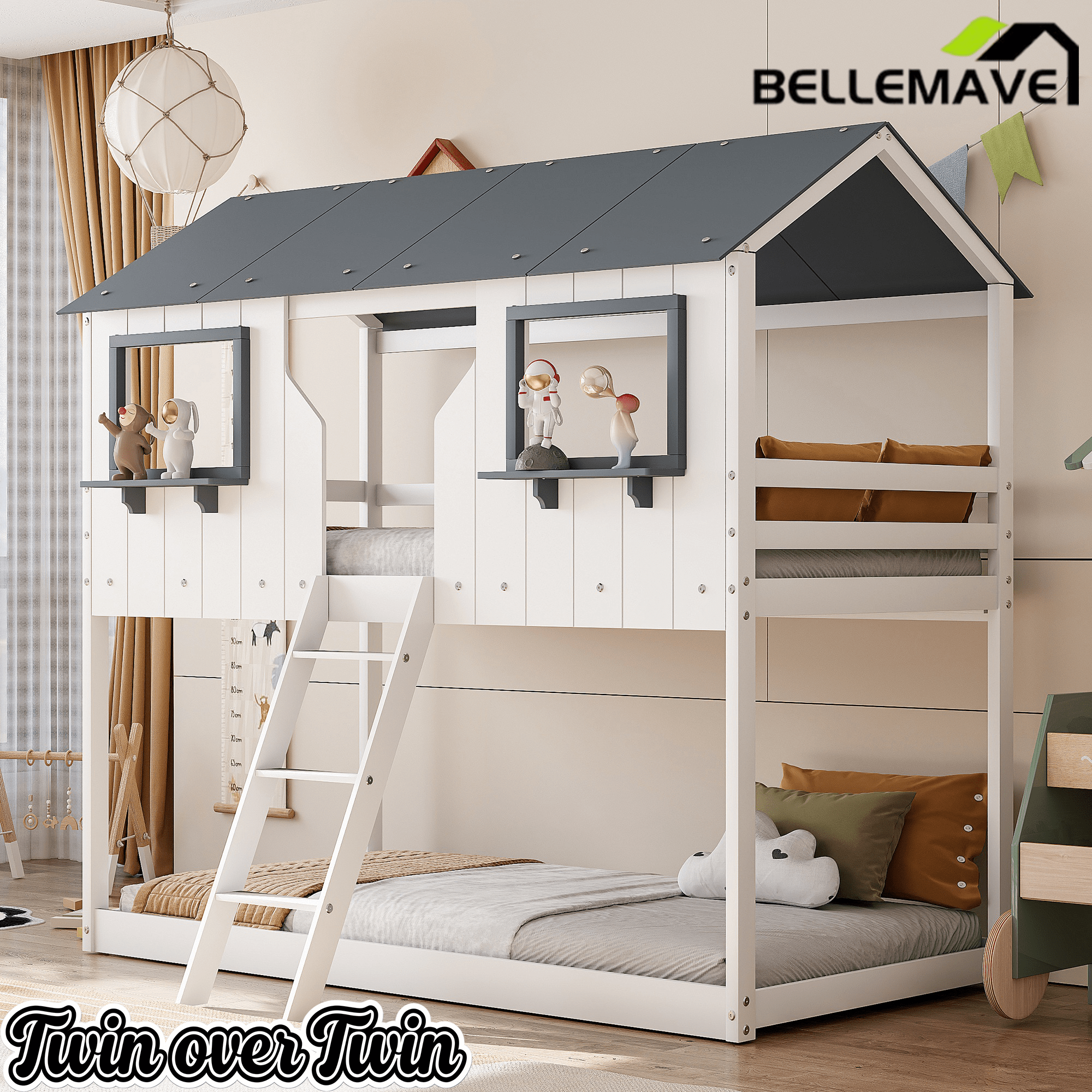 Bellemave® Twin Size House Bunk Bed with Roof and Window, Guardrail and Ladder - Bellemave
