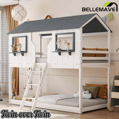 Bellemave® Twin Size House Bunk Bed with Roof and Window, Guardrail and Ladder - Bellemave