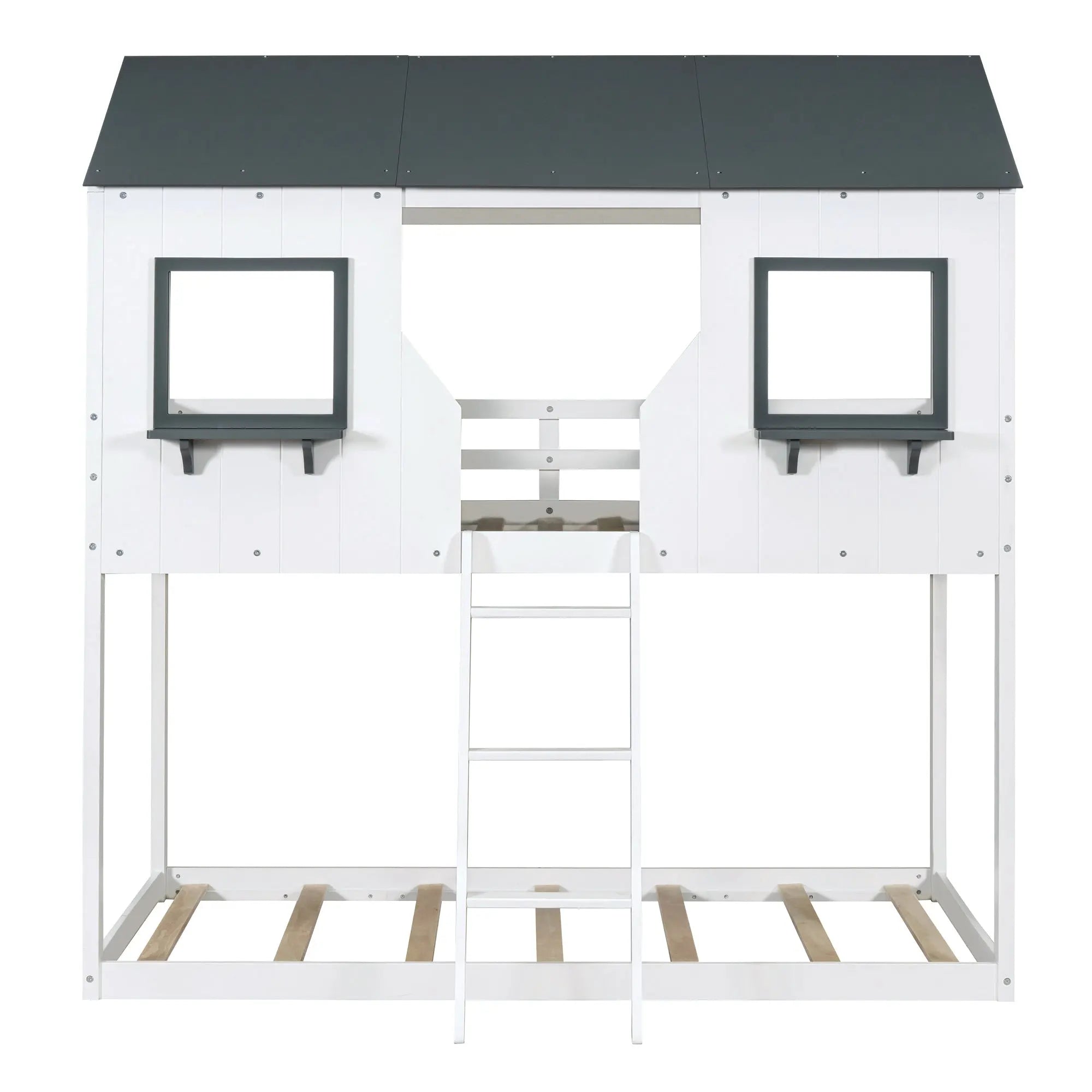 Bellemave® Twin Size House Bunk Bed with Roof and Window, Guardrail and Ladder - Bellemave