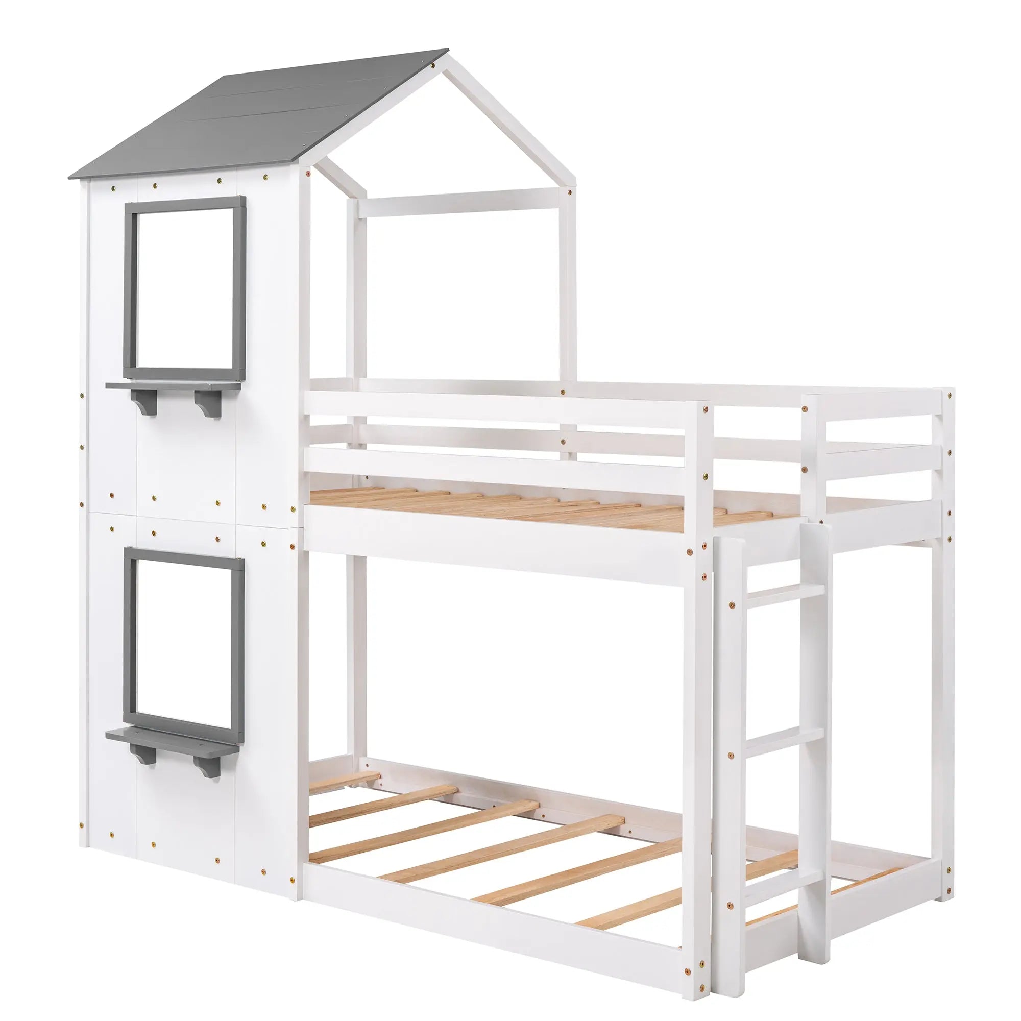 Bellemave® Twin Size House Bunk Bed with Roof and Window, Guardrail and Ladder - Bellemave