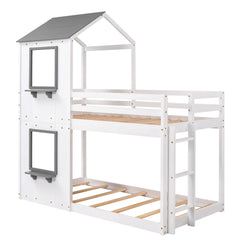 Bellemave® Twin Size House Bunk Bed with Roof and Window, Guardrail and Ladder - Bellemave