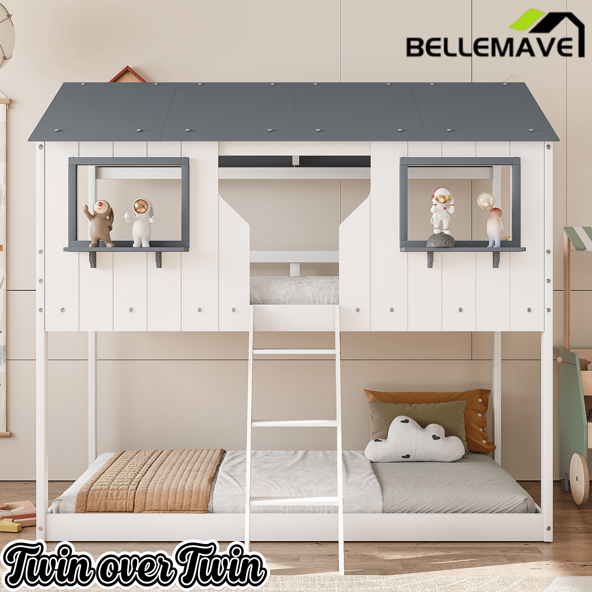 Bellemave® Twin Size House Bunk Bed with Roof and Window, Guardrail and Ladder - Bellemave