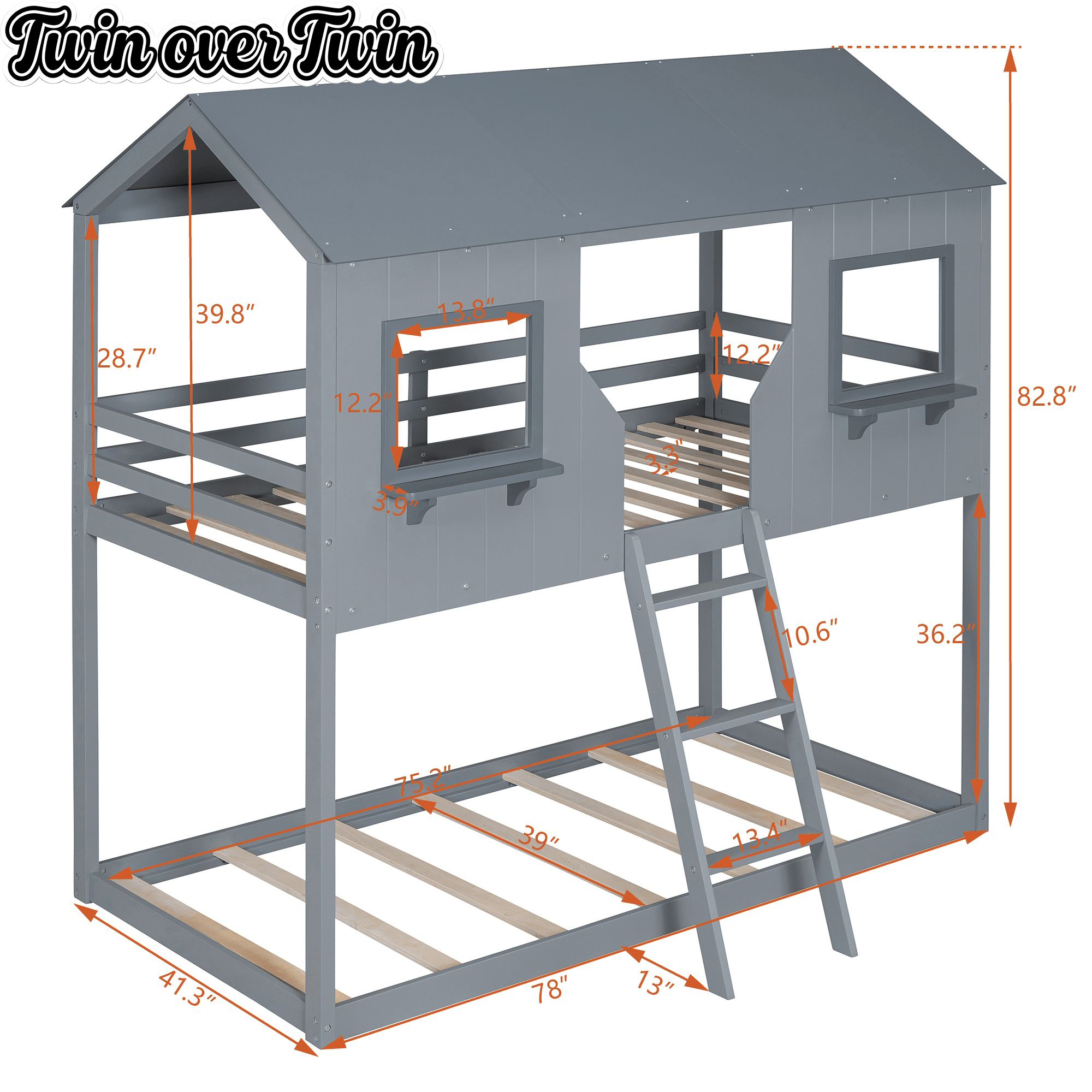 Bellemave® Twin Size House Bunk Bed with Roof and Window, Guardrail and Ladder - Bellemave