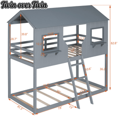 Bellemave® Twin Size House Bunk Bed with Roof and Window, Guardrail and Ladder - Bellemave