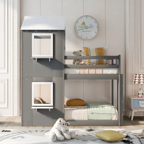 Bellemave® Twin Size House Bunk Bed with Roof and Window, Guardrail and Ladder - Bellemave