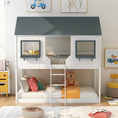 Bellemave® Twin Size House Bunk Bed with Roof and Window, Guardrail and Ladder - Bellemave