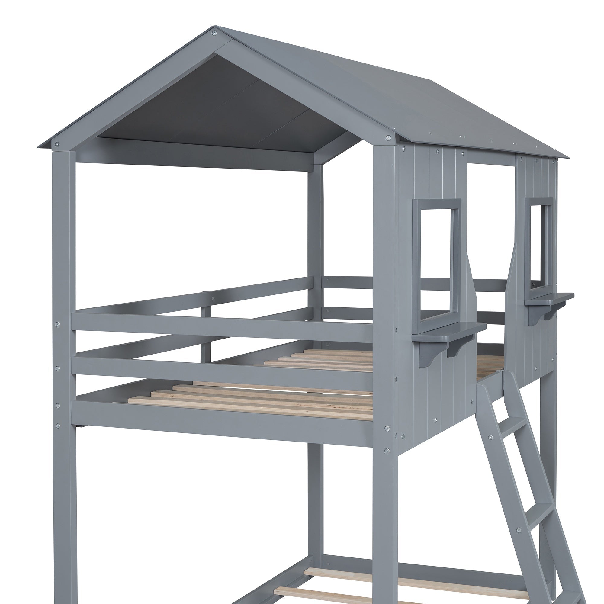 Bellemave® Twin Size House Bunk Bed with Roof and Window, Guardrail and Ladder - Bellemave