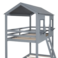 Bellemave® Twin Size House Bunk Bed with Roof and Window, Guardrail and Ladder - Bellemave