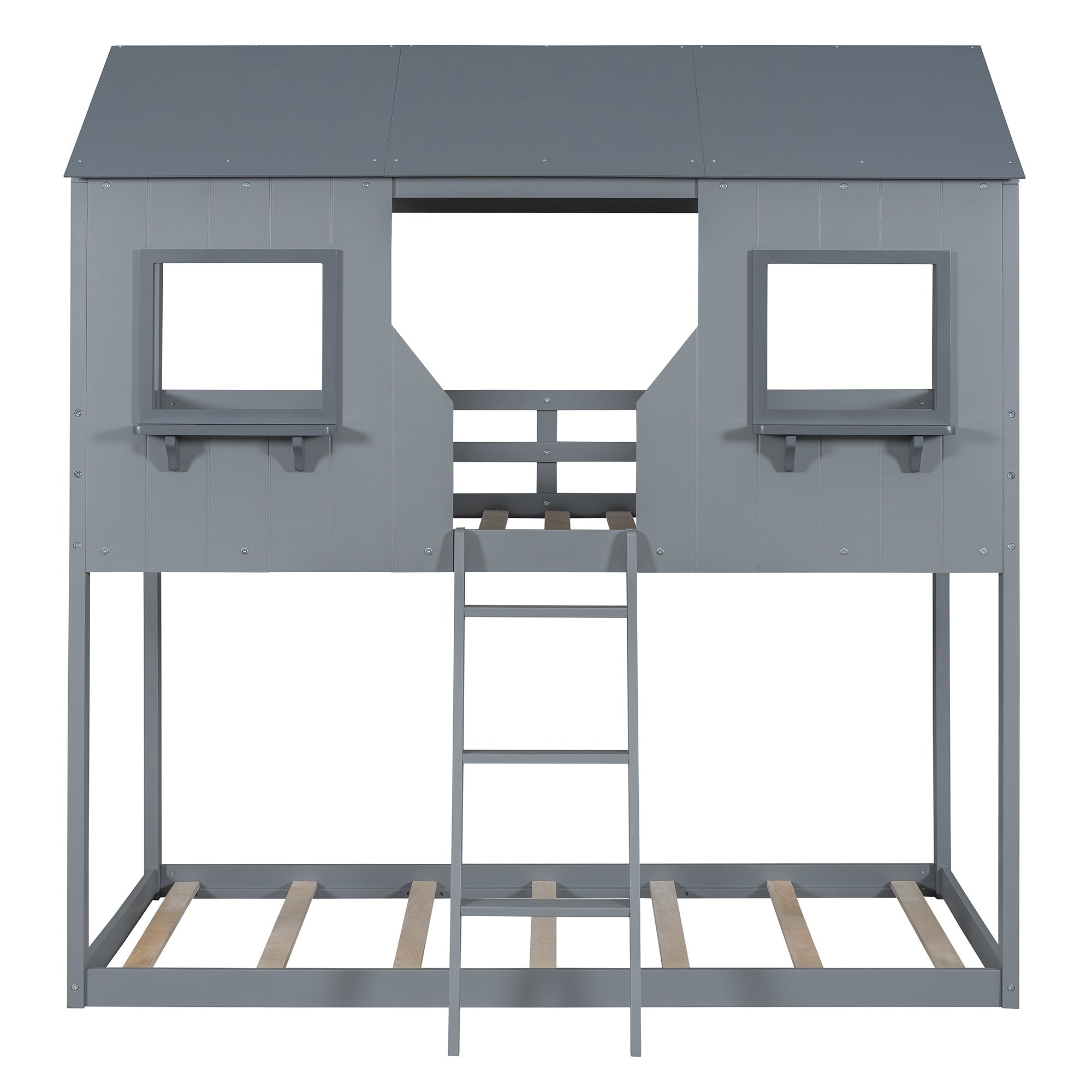 Bellemave® Twin Size House Bunk Bed with Roof and Window, Guardrail and Ladder - Bellemave