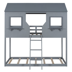 Bellemave® Twin Size House Bunk Bed with Roof and Window, Guardrail and Ladder - Bellemave