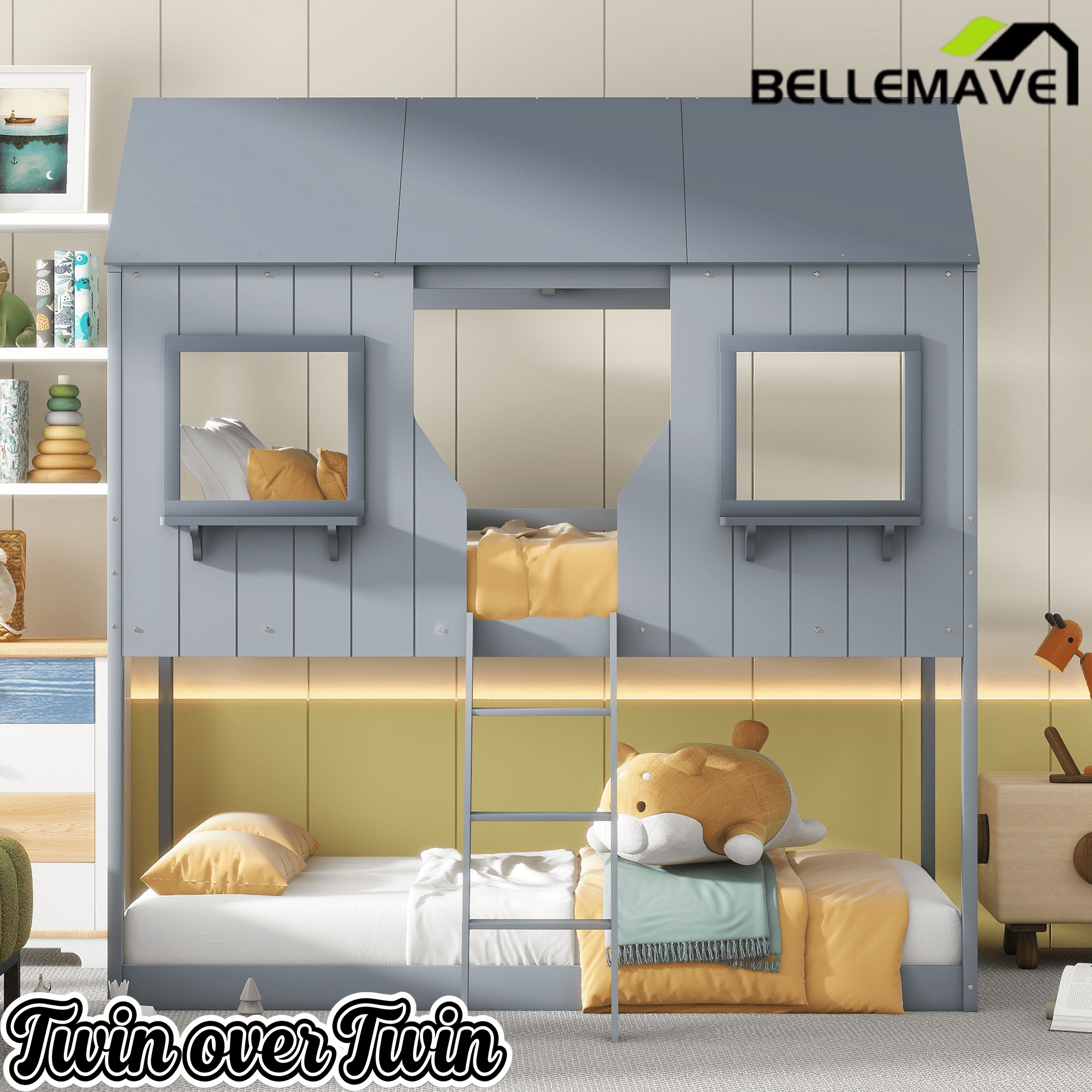Bellemave® Twin Size House Bunk Bed with Roof and Window, Guardrail and Ladder - Bellemave