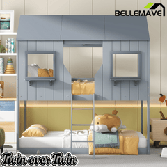 Bellemave® Twin Size House Bunk Bed with Roof and Window, Guardrail and Ladder - Bellemave