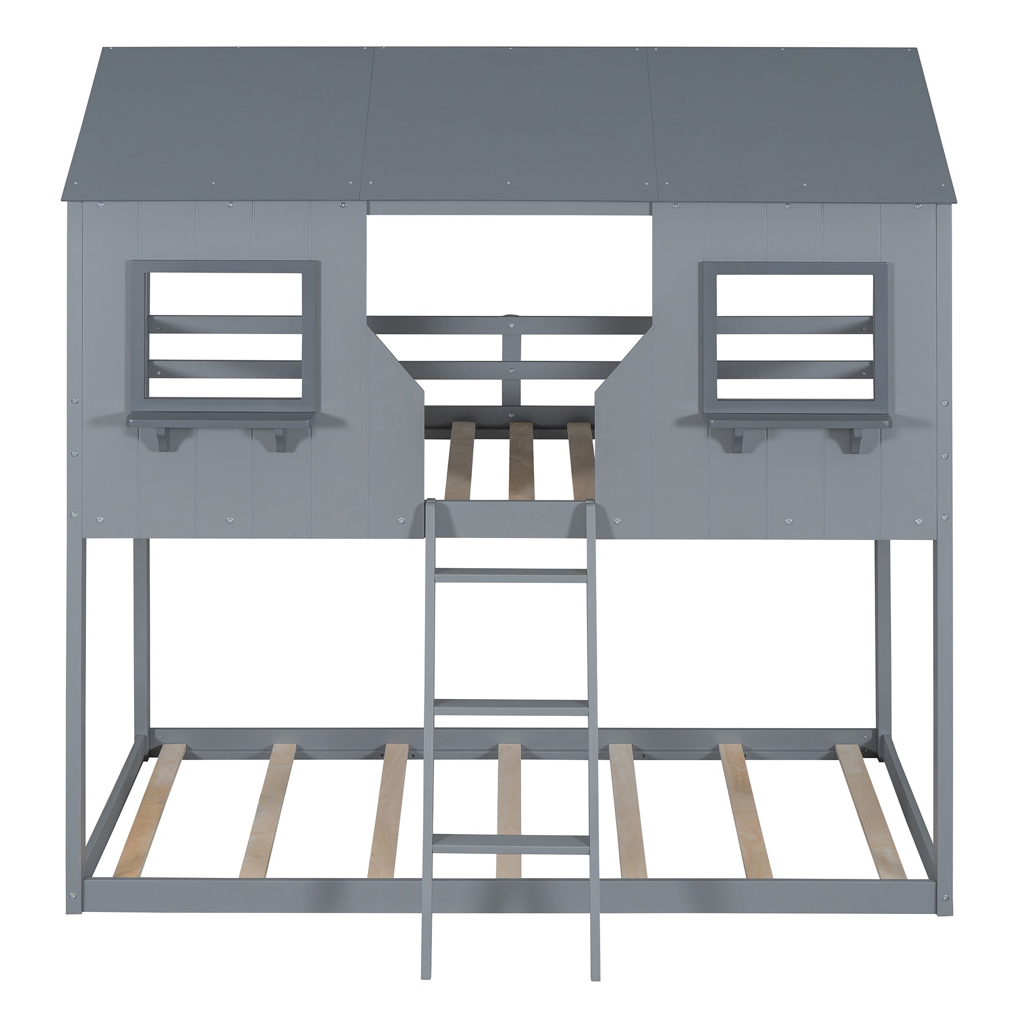 Bellemave® Twin Size House Bunk Bed with Roof and Window, Guardrail and Ladder - Bellemave