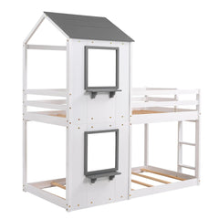 Bellemave® Twin Size House Bunk Bed with Roof and Window, Guardrail and Ladder - Bellemave