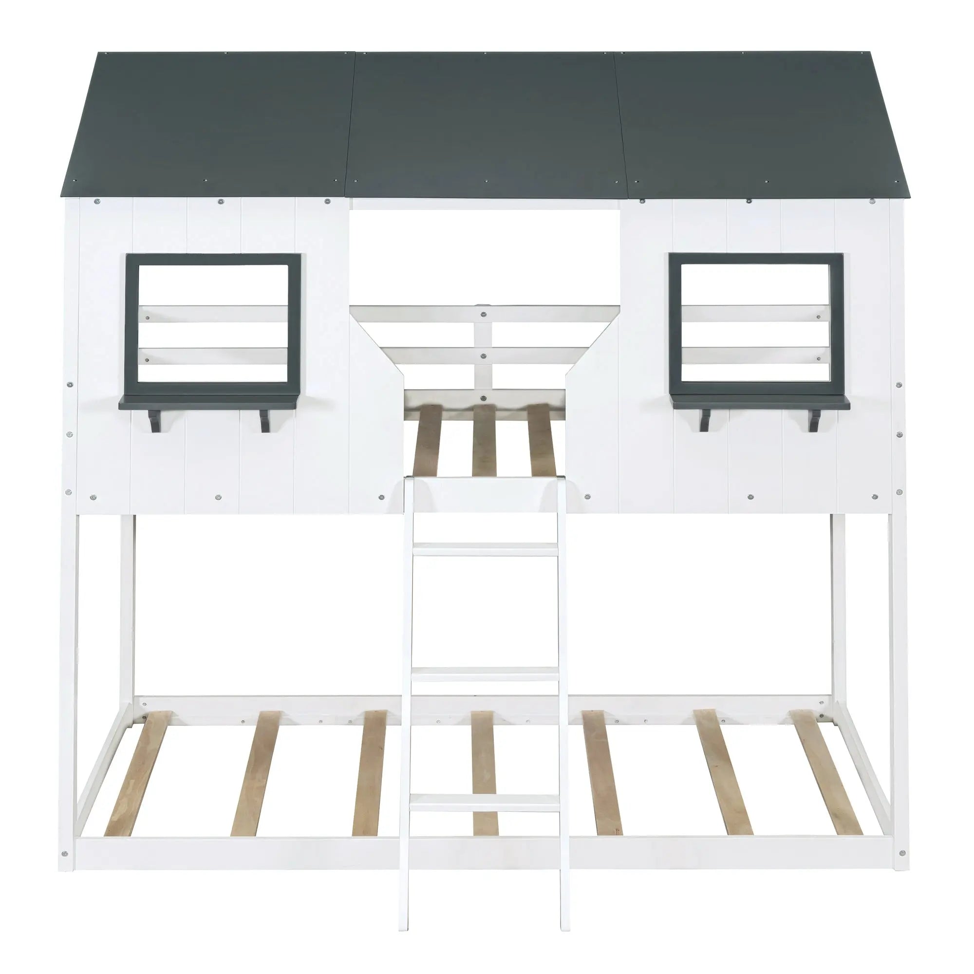 Bellemave® Twin Size House Bunk Bed with Roof and Window, Guardrail and Ladder - Bellemave