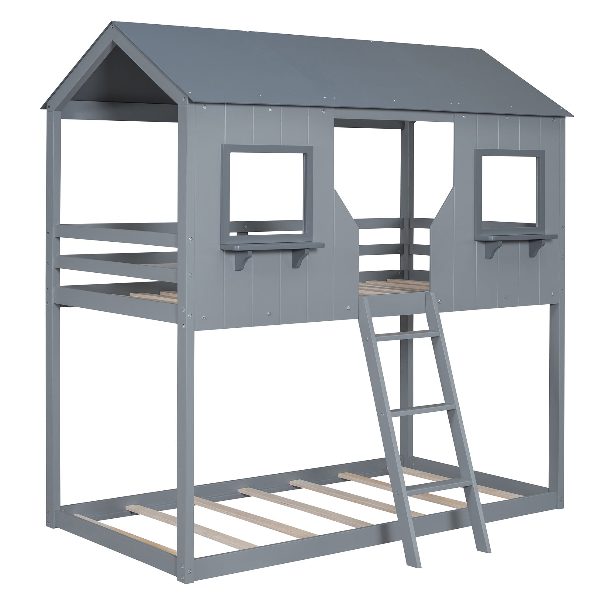 Bellemave® Twin Size House Bunk Bed with Roof and Window, Guardrail and Ladder - Bellemave