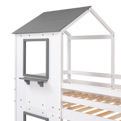 Bellemave® Twin Size House Bunk Bed with Roof and Window, Guardrail and Ladder - Bellemave