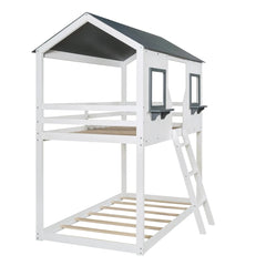 Bellemave® Twin Size House Bunk Bed with Roof and Window, Guardrail and Ladder - Bellemave