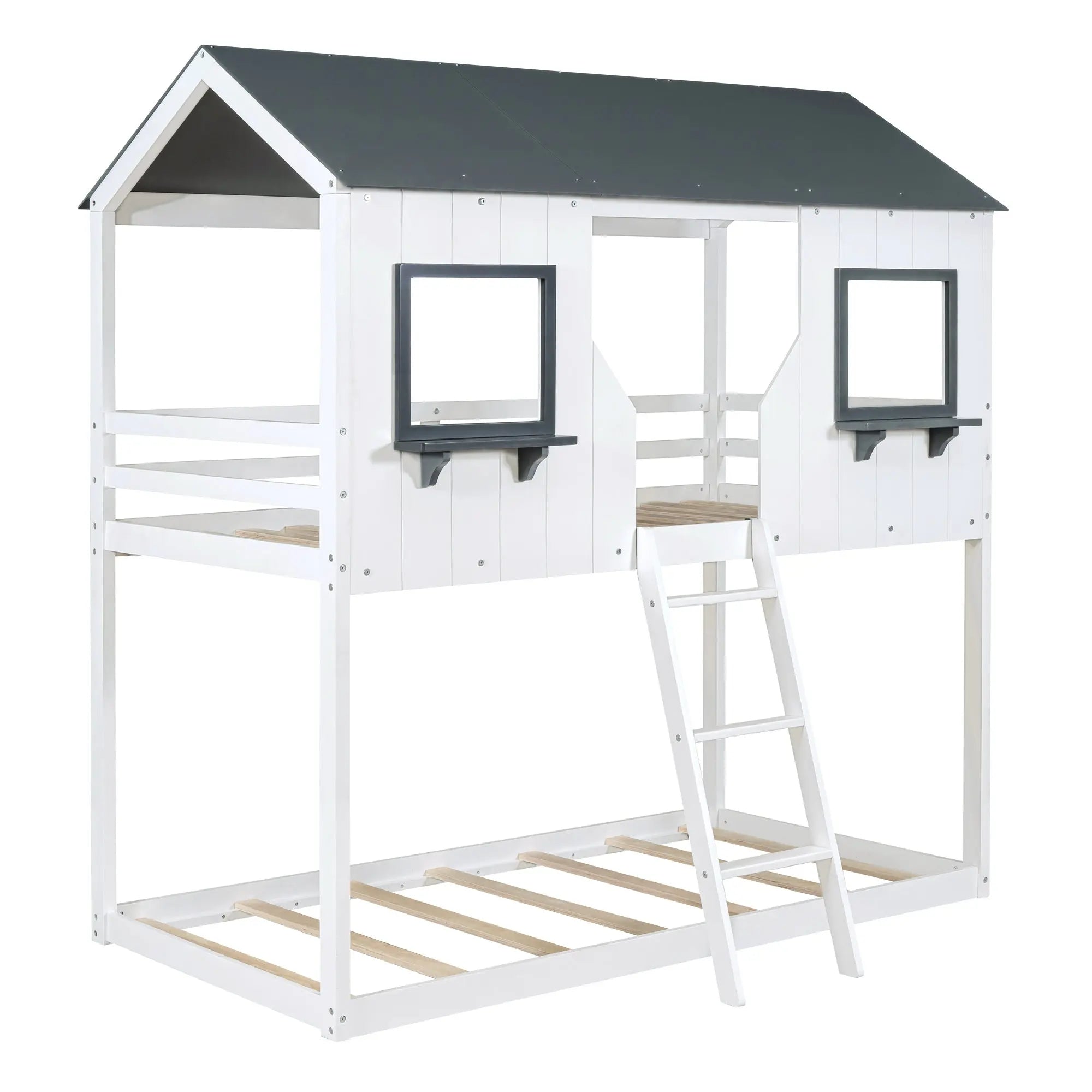 Bellemave® Twin Size House Bunk Bed with Roof and Window, Guardrail and Ladder - Bellemave