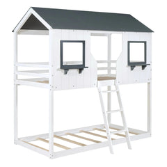 Bellemave® Twin Size House Bunk Bed with Roof and Window, Guardrail and Ladder - Bellemave