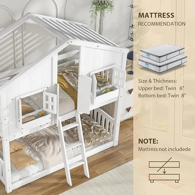 Bellemave® Twin Size House Bunk Bed with Roof and Window,Window Box and Door,Safety Guardrails and Ladder - Bellemave