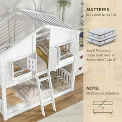 Bellemave® Twin Size House Bunk Bed with Roof and Window,Window Box and Door,Safety Guardrails and Ladder - Bellemave