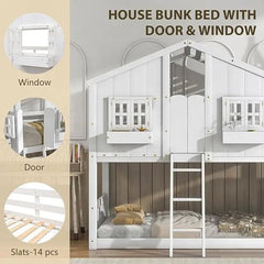 Bellemave® Twin Size House Bunk Bed with Roof and Window,Window Box and Door,Safety Guardrails and Ladder - Bellemave
