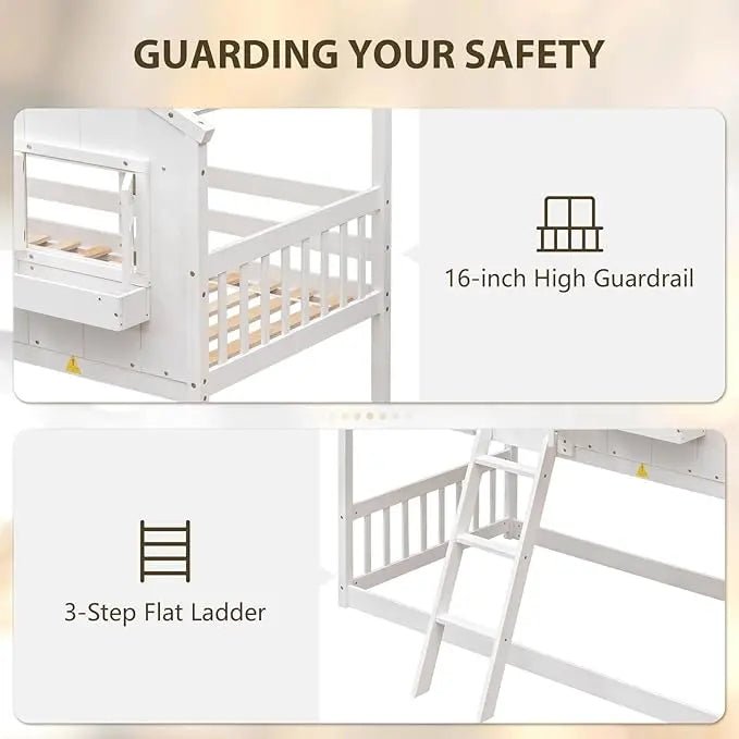 Bellemave® Twin Size House Bunk Bed with Roof and Window,Window Box and Door,Safety Guardrails and Ladder - Bellemave