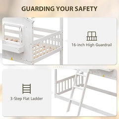 Bellemave® Twin Size House Bunk Bed with Roof and Window,Window Box and Door,Safety Guardrails and Ladder - Bellemave