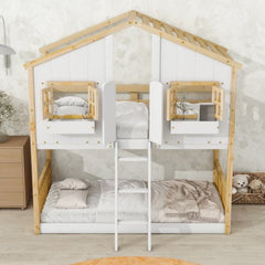 Bellemave® Twin Size House Bunk Bed with Roof and Window,Window Box and Door,Safety Guardrails and Ladder - Bellemave