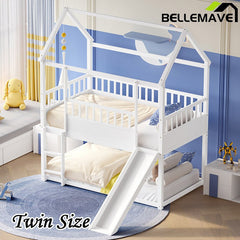 Bellemave® Twin Size House Bunk Bed with Safety Guardrail, Convertible Slide and Ladder - Bellemave