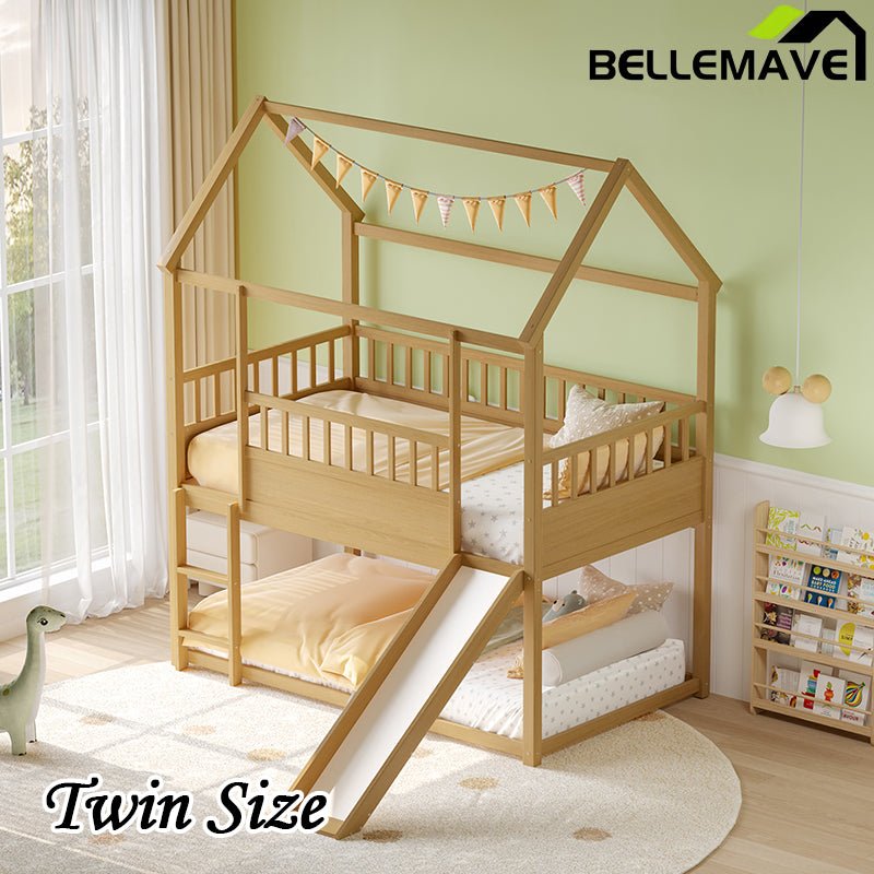 Bellemave® Twin Size House Bunk Bed with Safety Guardrail, Convertible Slide and Ladder - Bellemave