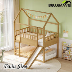 Bellemave® Twin Size House Bunk Bed with Safety Guardrail, Convertible Slide and Ladder - Bellemave