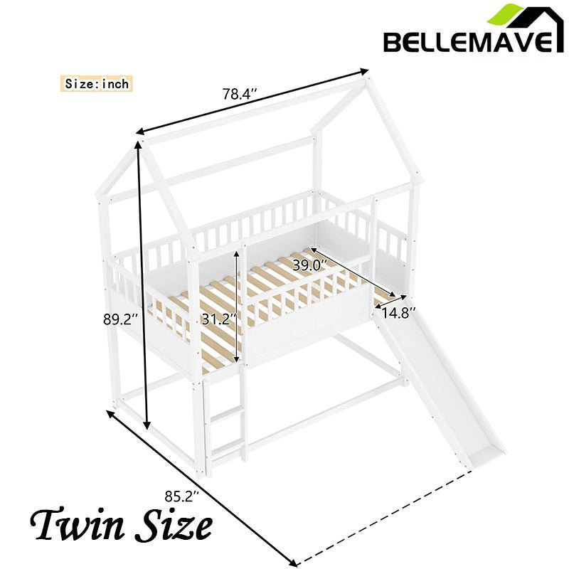 Bellemave® Twin Size House Bunk Bed with Safety Guardrail, Convertible Slide and Ladder - Bellemave