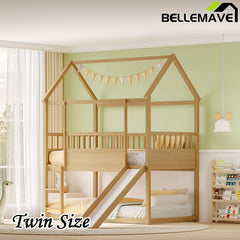Bellemave® Twin Size House Bunk Bed with Safety Guardrail, Convertible Slide and Ladder - Bellemave
