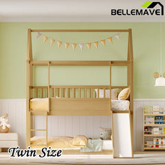 Bellemave® Twin Size House Bunk Bed with Safety Guardrail, Convertible Slide and Ladder - Bellemave