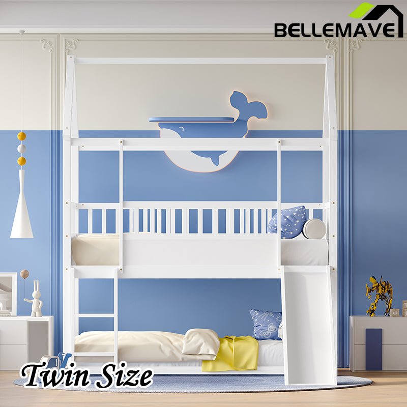 Bellemave® Twin Size House Bunk Bed with Safety Guardrail, Convertible Slide and Ladder - Bellemave