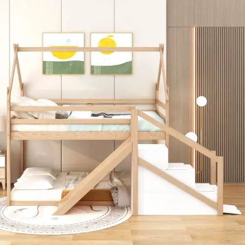 Bellemave® Twin Size House Bunk Bed with Slide and Staircase - Bellemave