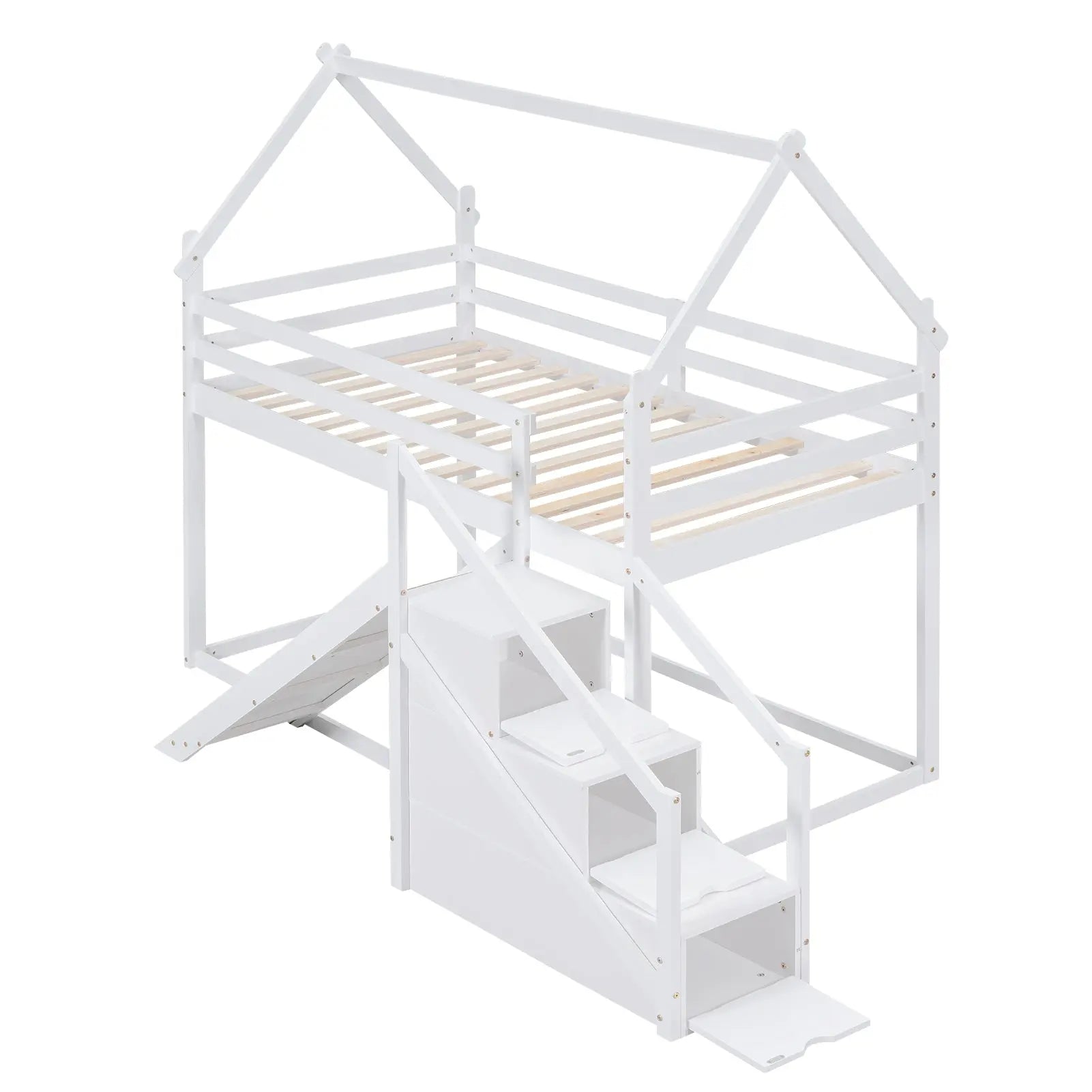 Bellemave® Twin Size House Bunk Bed with Slide and Staircase - Bellemave